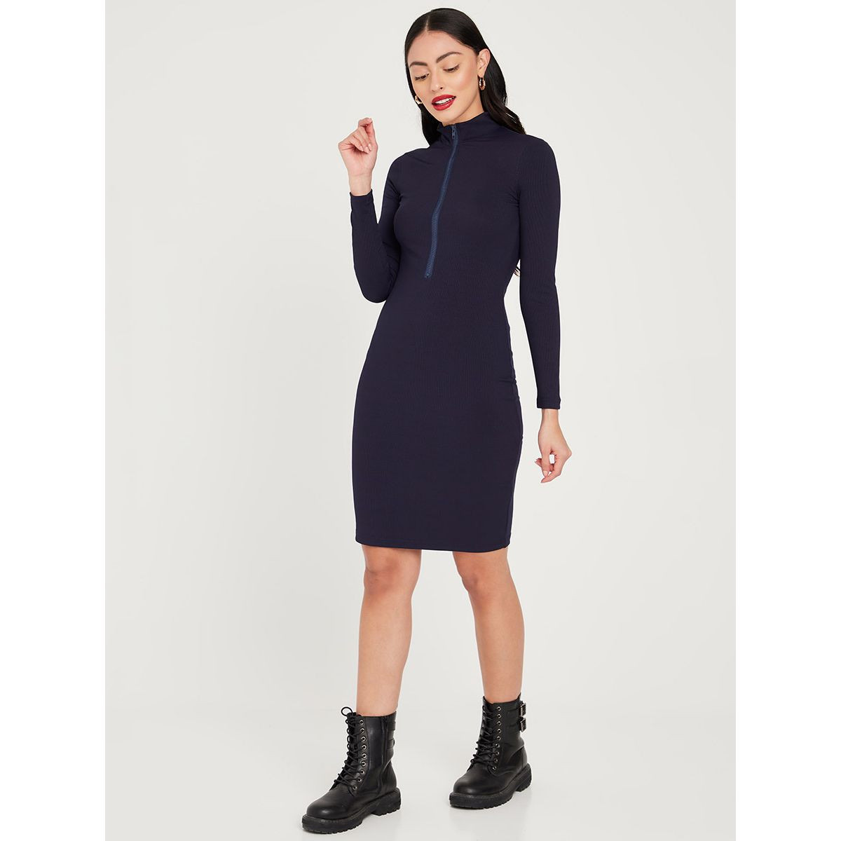 Styli Long Sleeves Zip Detail Ribbed Bodycon Knee Length Dress-women-clothing-dresses-image-2