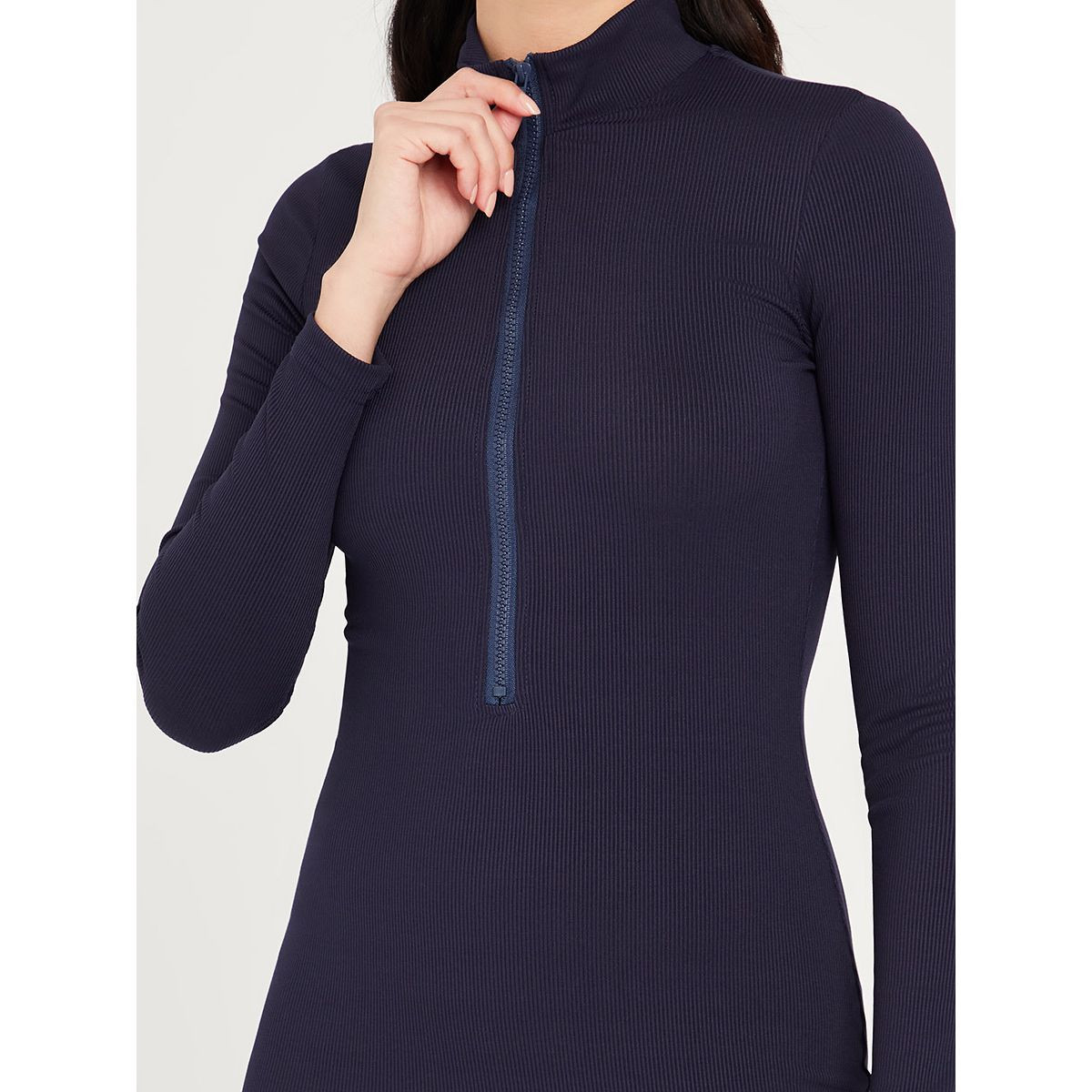 Styli Long Sleeves Zip Detail Ribbed Bodycon Knee Length Dress-women-clothing-dresses-image-3