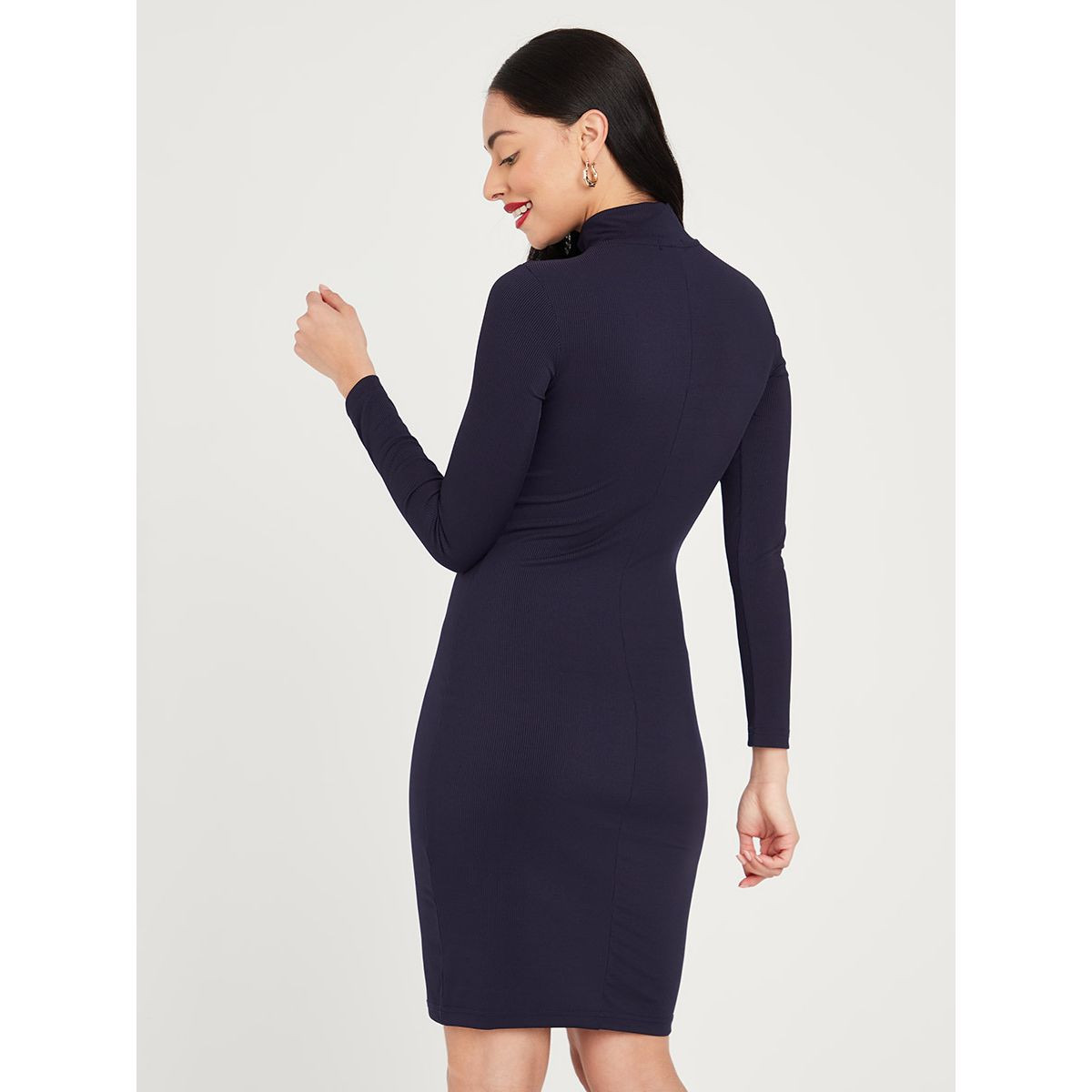 Styli Long Sleeves Zip Detail Ribbed Bodycon Knee Length Dress-women-clothing-dresses-image-4