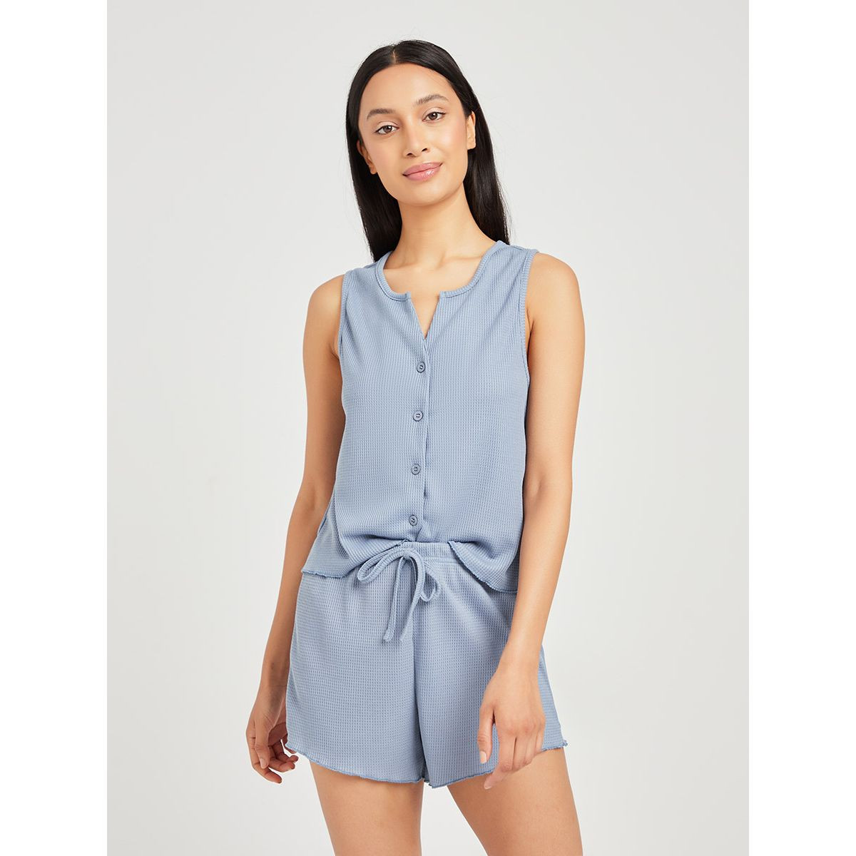 Styli Button Through Rib Vest and Lettuce Hem Short Set-women-clothing-nightwear-pyjamas-longsets-image-1