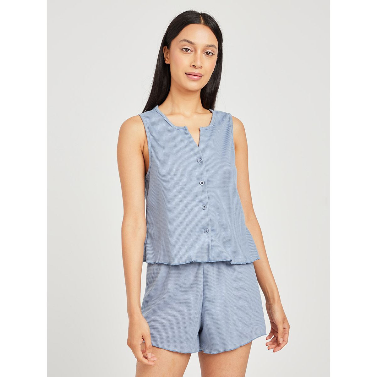 Styli Button Through Rib Vest and Lettuce Hem Short Set-women-clothing-nightwear-pyjamas-longsets-image-3