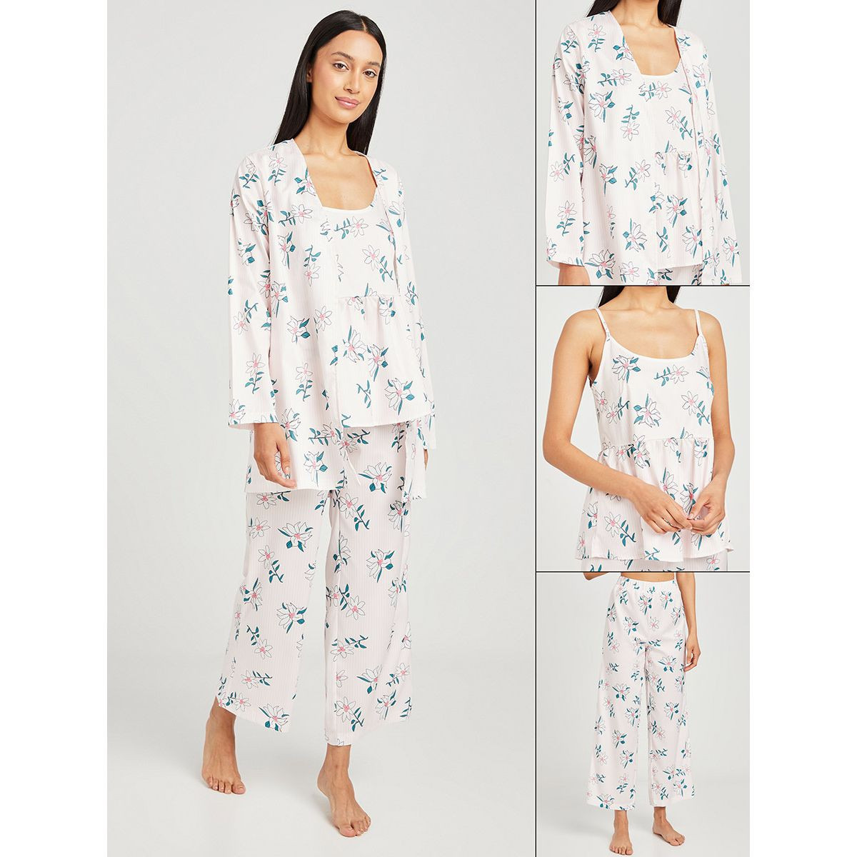 Styli Pack of 3 - Floral Cami Trouser and Robe Set-women-clothing-nightwear-pyjamas-longsets-image-1