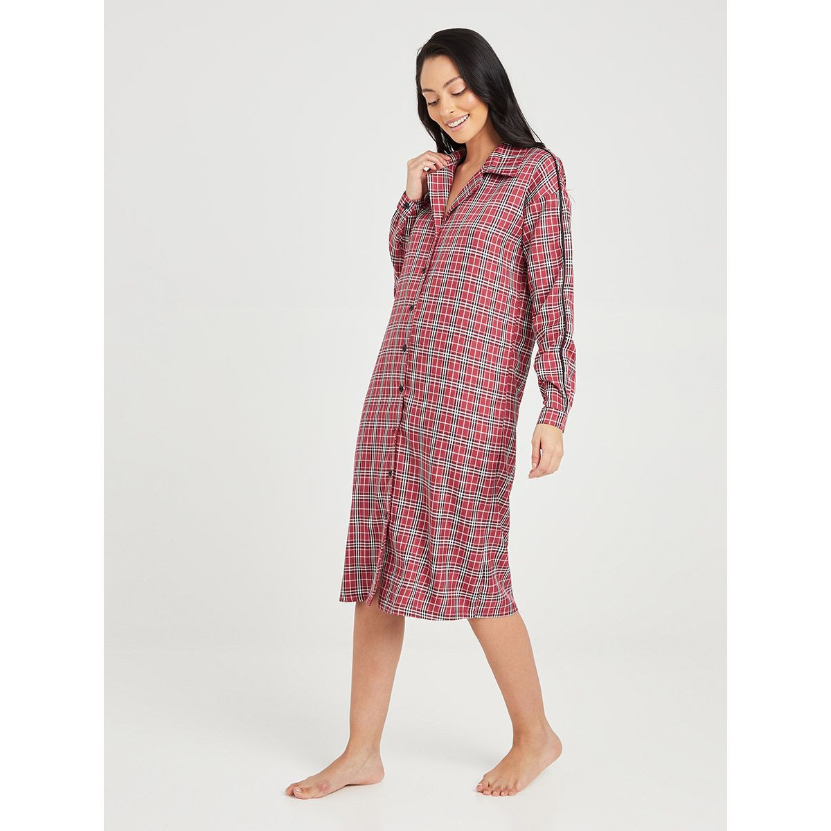 فستان مطبع بمربعات واكمام طويلة من ستايلي-women-clothing-nightwear-nighties-image-2