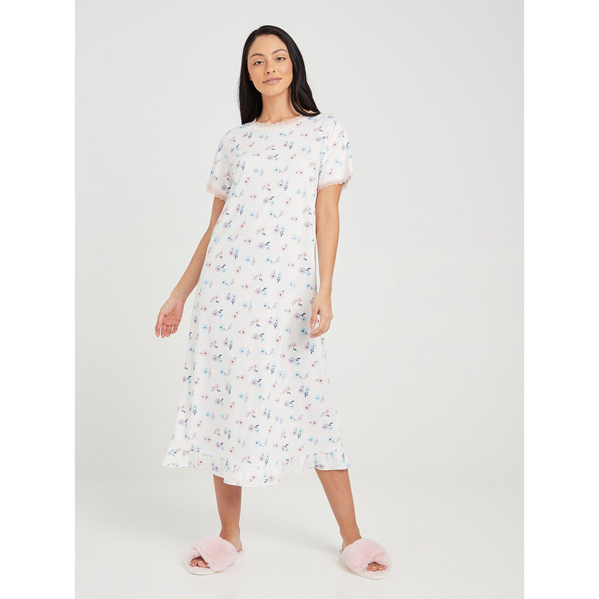 Styli Floral Print Lace Trim Ruffle Hem Midi Dress-women-clothing-nightwear-nighties-image-1
