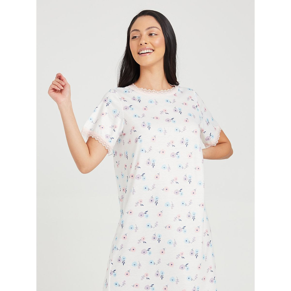 Styli Floral Print Lace Trim Ruffle Hem Midi Dress-women-clothing-nightwear-nighties-image-2