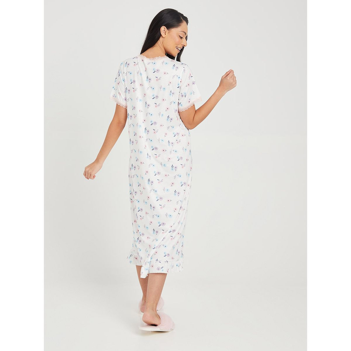Styli Floral Print Lace Trim Ruffle Hem Midi Dress-women-clothing-nightwear-nighties-image-4