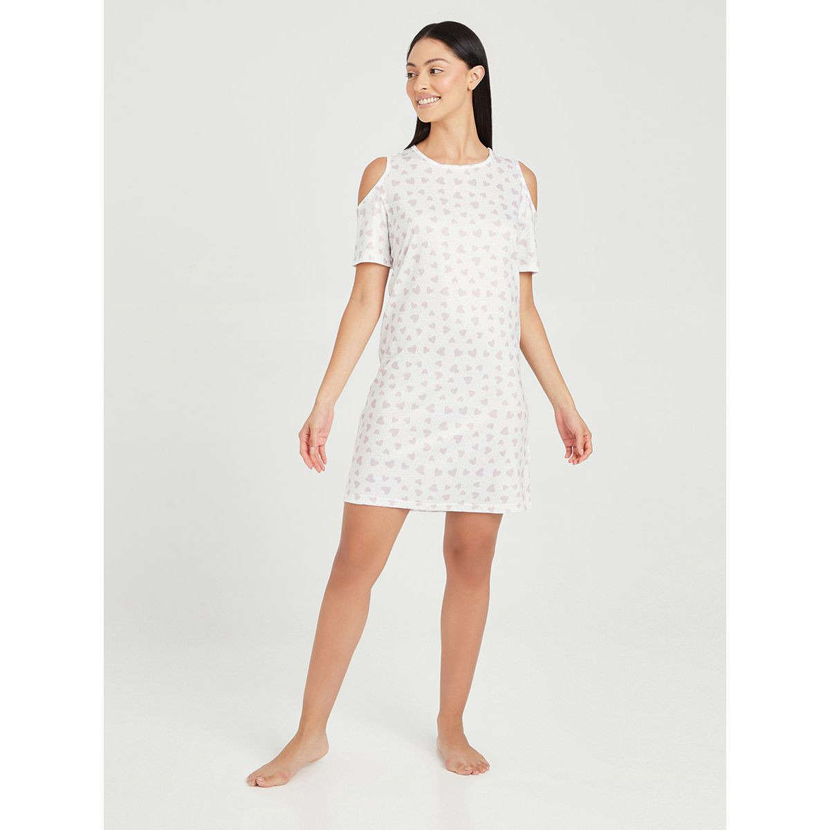 Styli Cold Shoulder Sleeves Heart AOP Sleep T-shirt Dress-women-clothing-nightwear-nighties-image-2