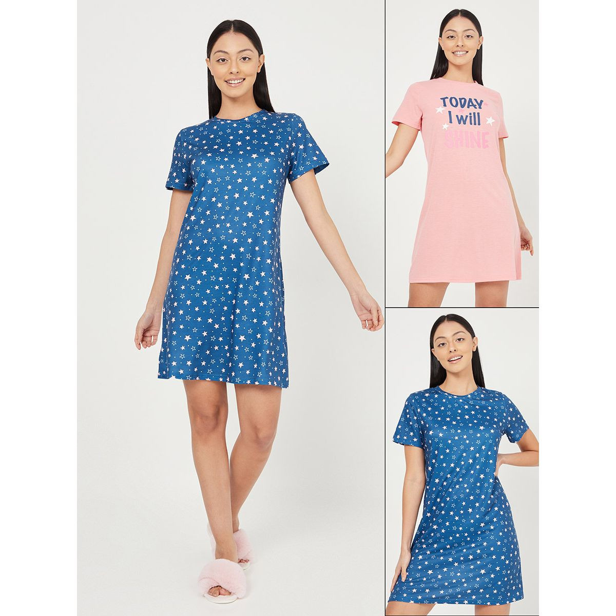 مجموعة من 2 قميص نوم مطبع بشعار ونجوم من ستايلي-women-clothing-nightwear-nighties-image-1