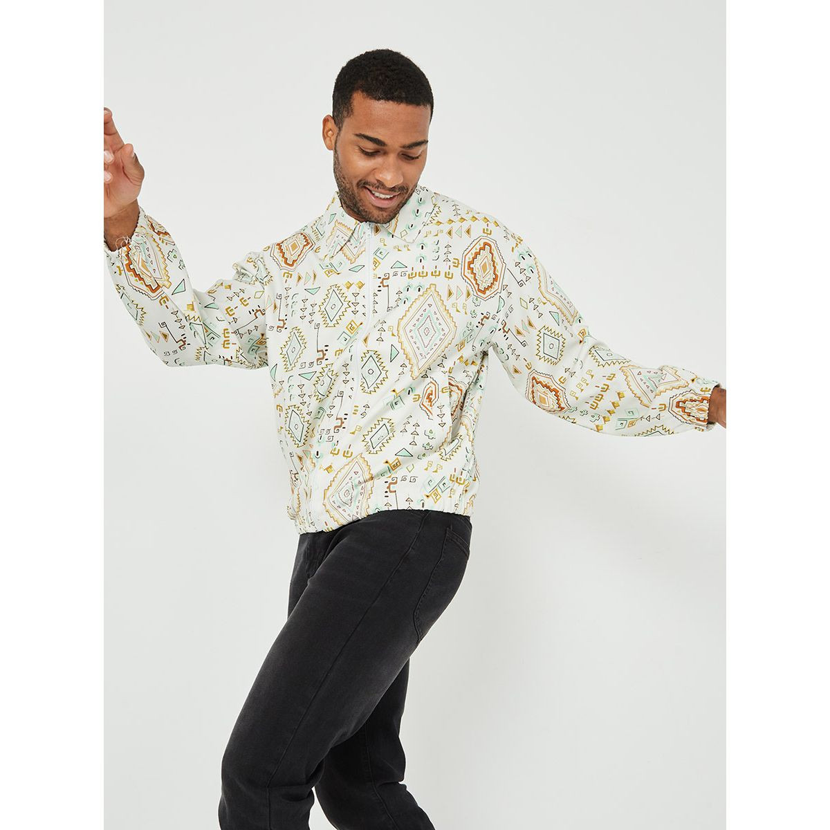 Styli Tribal Print Collared Bomber Jacket with Zip Closure-men-clothing-jacketsandblazers-jackets-image-1