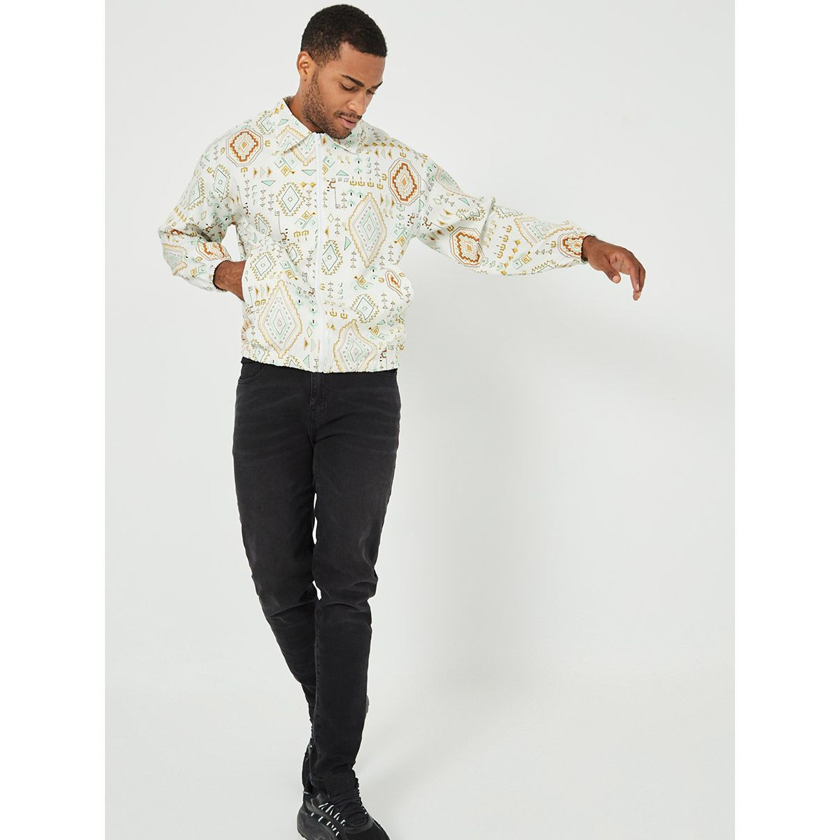 Styli Tribal Print Collared Bomber Jacket with Zip Closure-men-clothing-jacketsandblazers-jackets-image-2