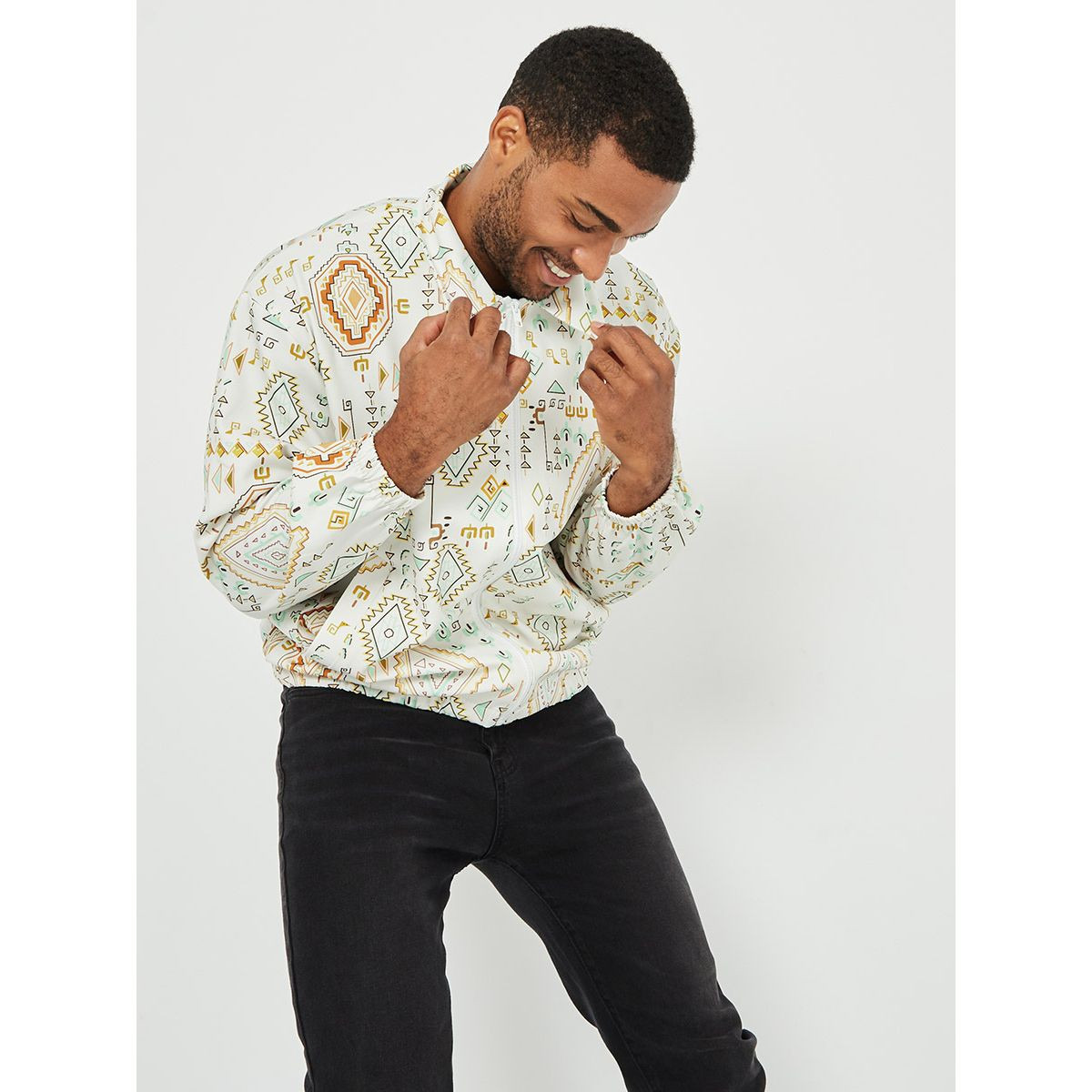Styli Tribal Print Collared Bomber Jacket with Zip Closure-men-clothing-jacketsandblazers-jackets-image-3