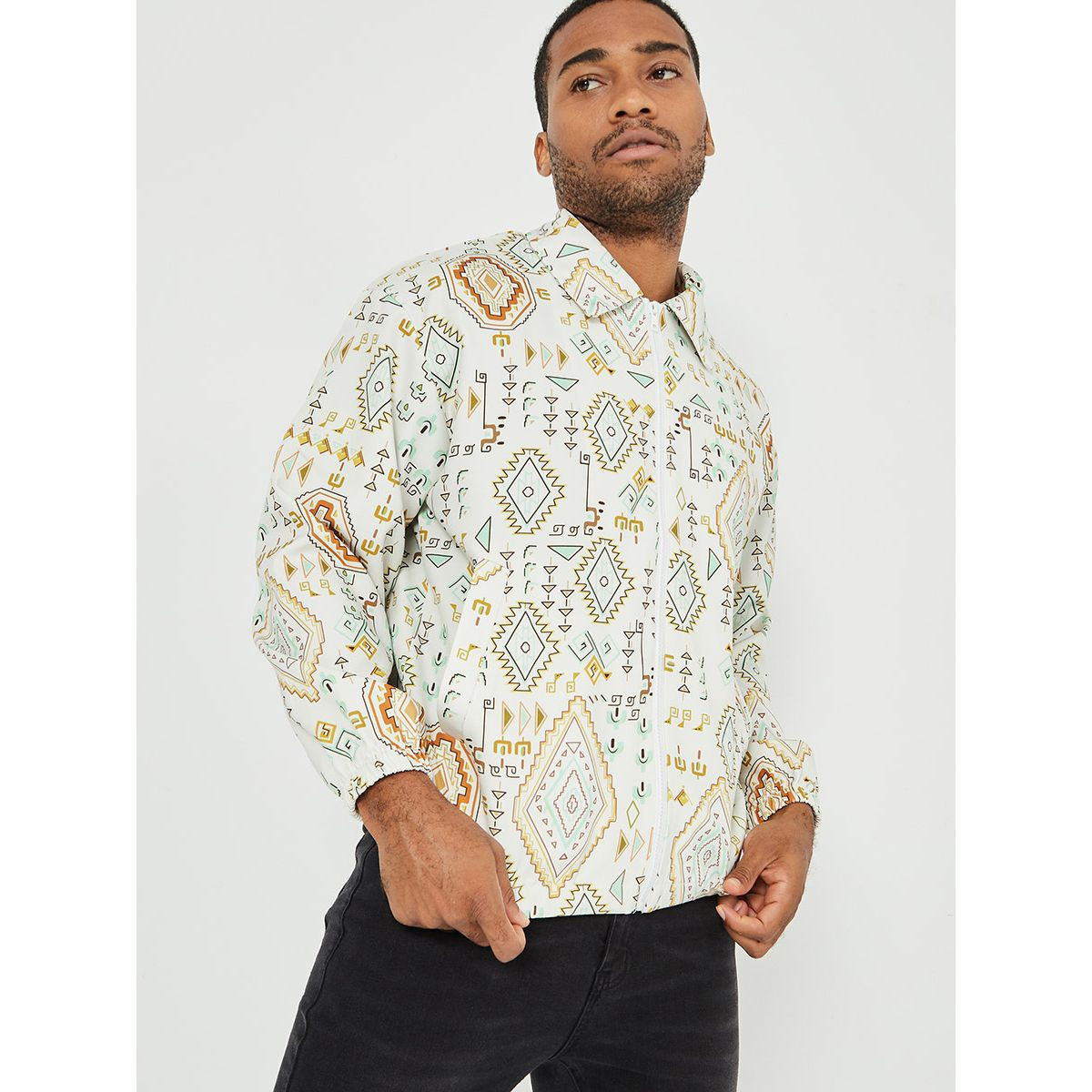 Styli Tribal Print Collared Bomber Jacket with Zip Closure-men-clothing-jacketsandblazers-jackets-image-4