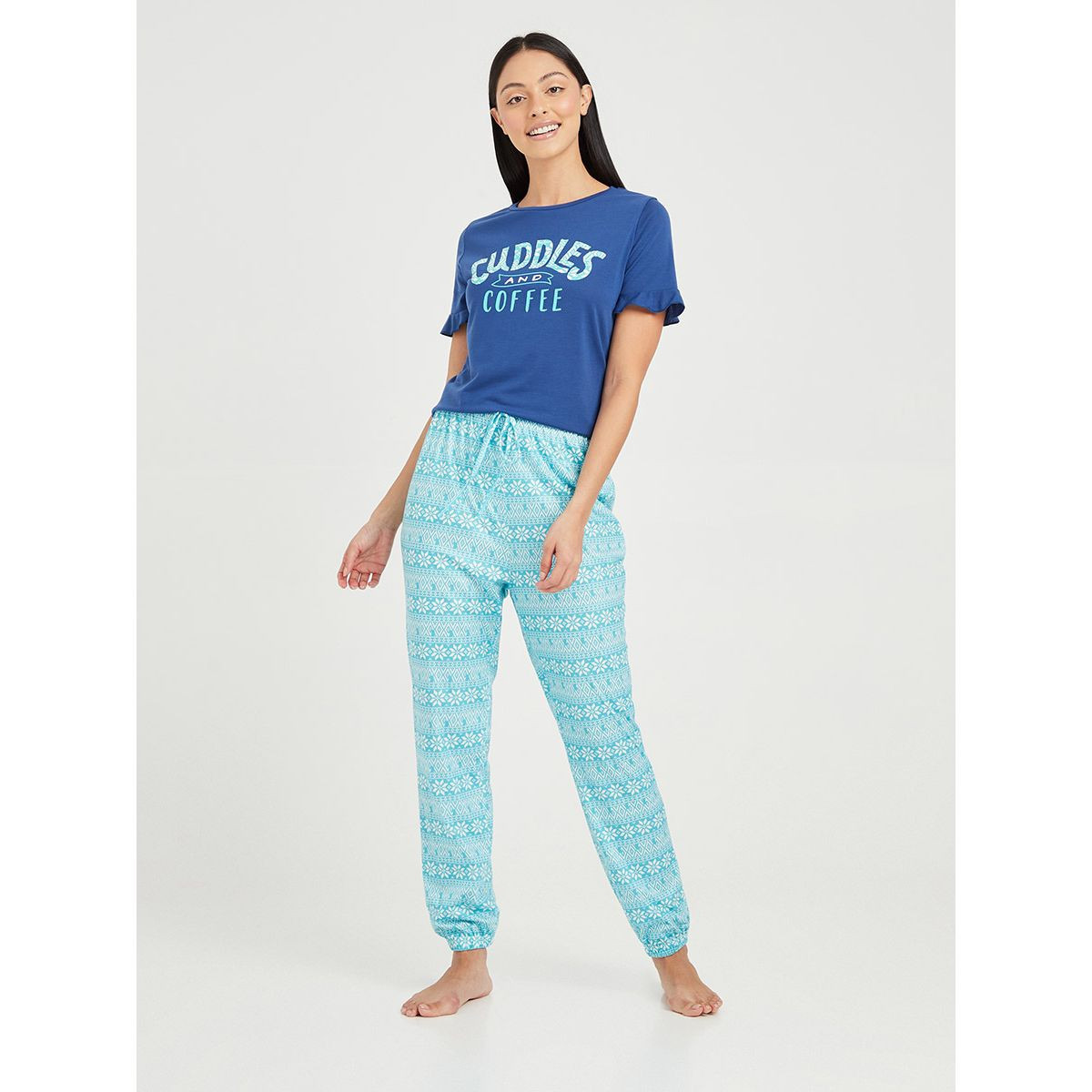 Styli Cuddles and Coffee Print T-shirt and Aztec Print Cuffed Pyjama Set-women-clothing-nightwear-pyjamas-longsets-image-1