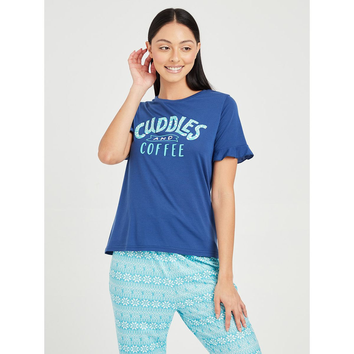 Styli Cuddles and Coffee Print T-shirt and Aztec Print Cuffed Pyjama Set-women-clothing-nightwear-pyjamas-longsets-image-2