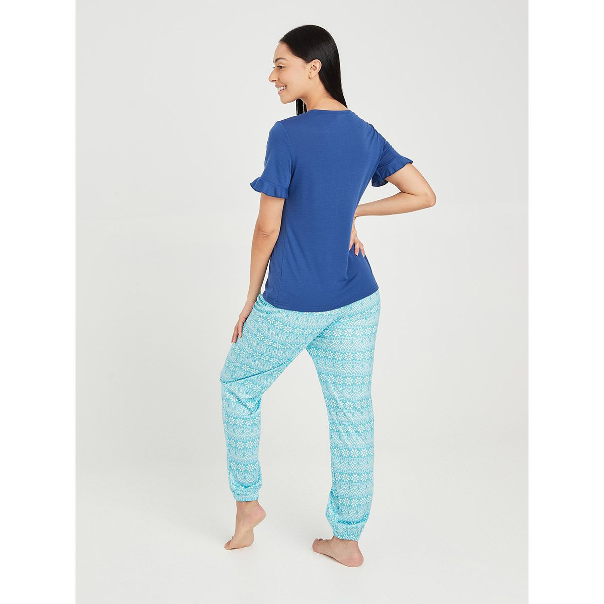 Styli Cuddles and Coffee Print T-shirt and Aztec Print Cuffed Pyjama Set-women-clothing-nightwear-pyjamas-longsets-image-4