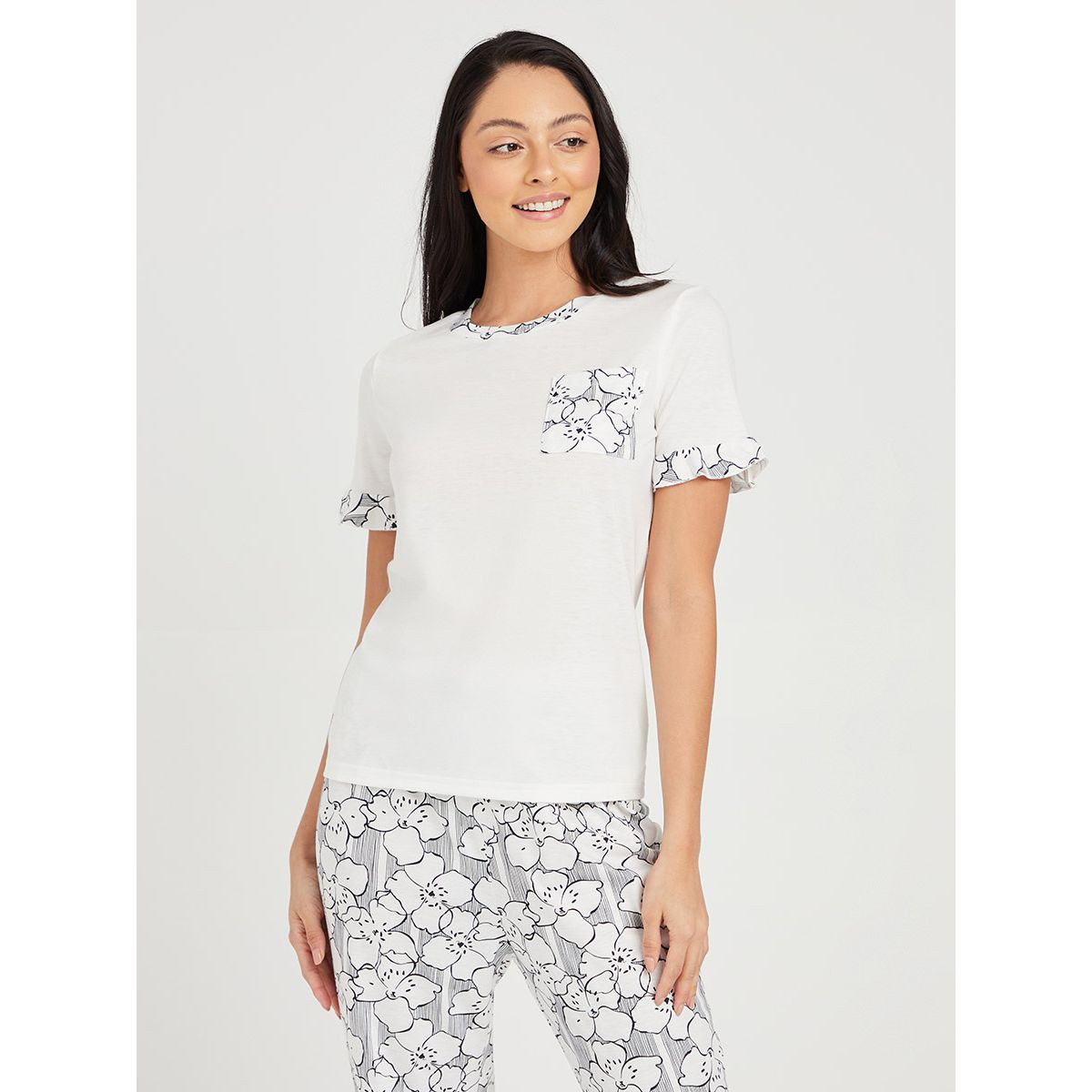 Styli Floral Print Ruffle Sleeves Pocket Detail T-shirt and Printed Cuffed Pyjama Set-women-clothing-nightwear-pyjamas-longsets-image-1