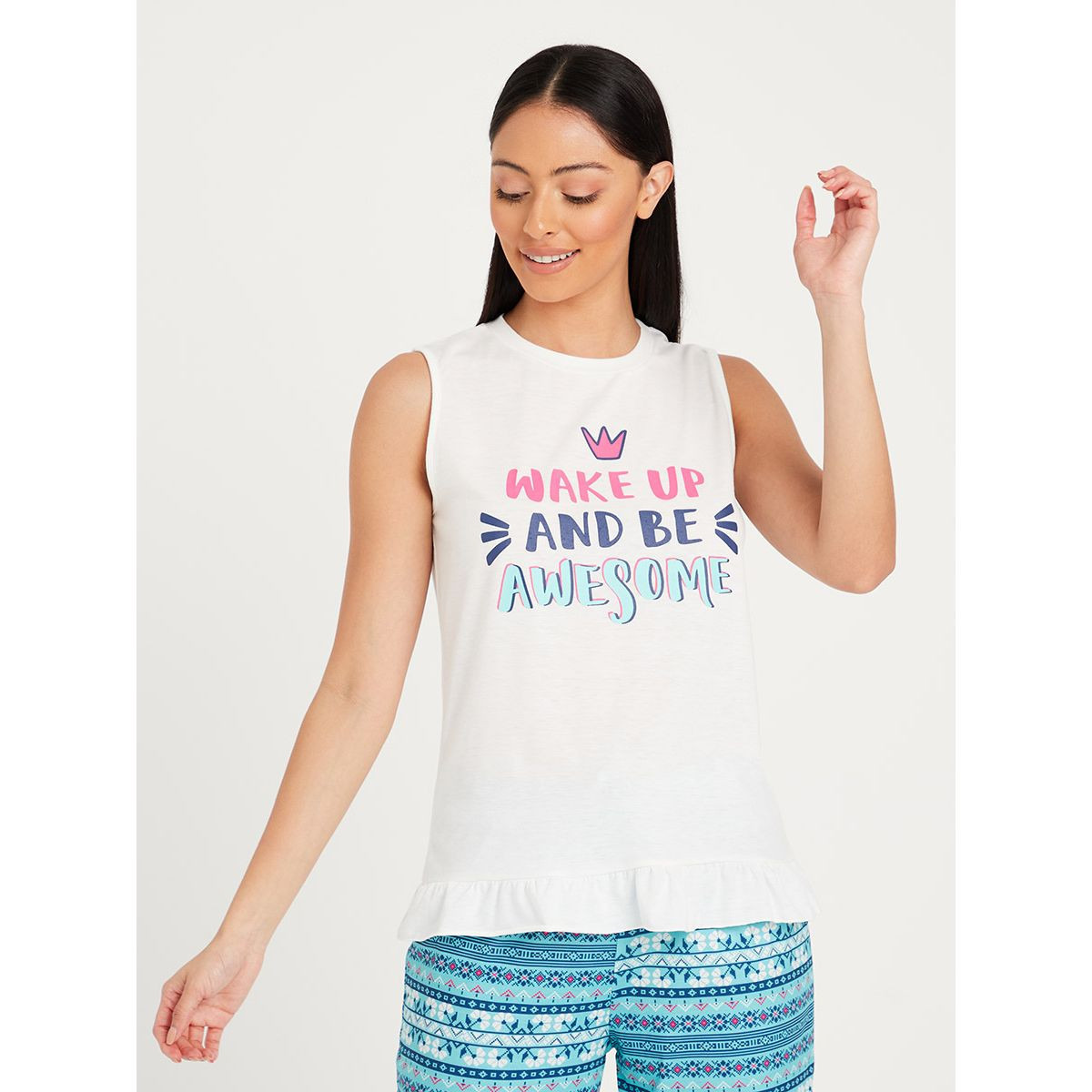 Styli Ruffle Hem Slogan Print Vest and Fairisle Straight Pyjama Set-women-clothing-nightwear-pyjamas-longsets-image-1