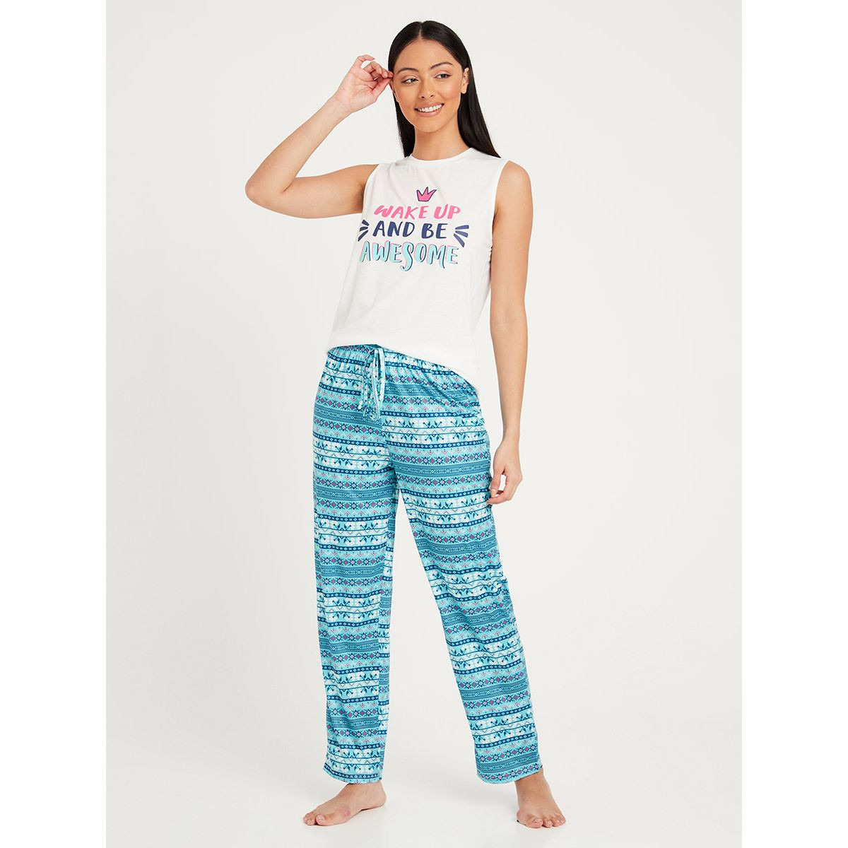 Styli Ruffle Hem Slogan Print Vest and Fairisle Straight Pyjama Set-women-clothing-nightwear-pyjamas-longsets-image-2