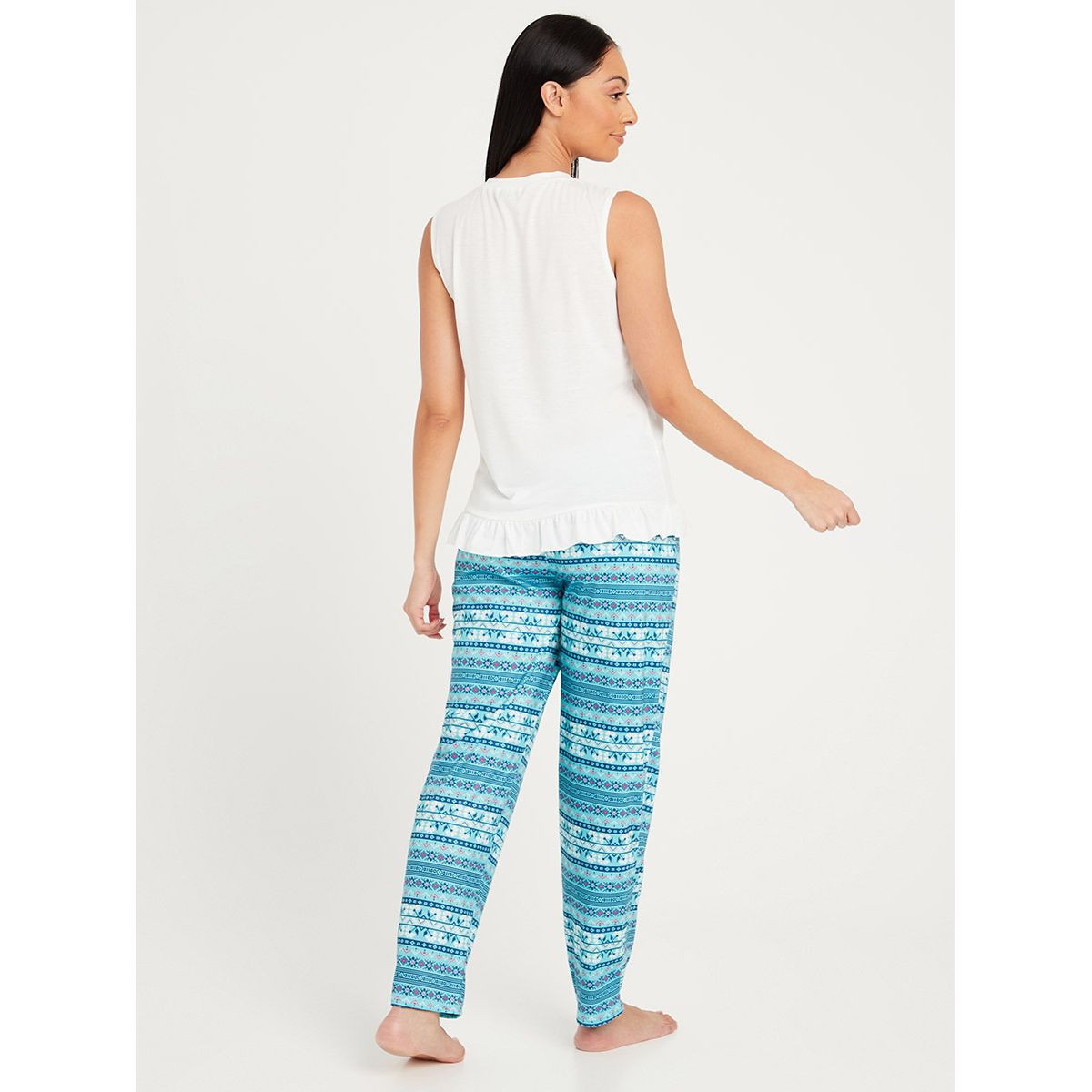 Styli Ruffle Hem Slogan Print Vest and Fairisle Straight Pyjama Set-women-clothing-nightwear-pyjamas-longsets-image-5