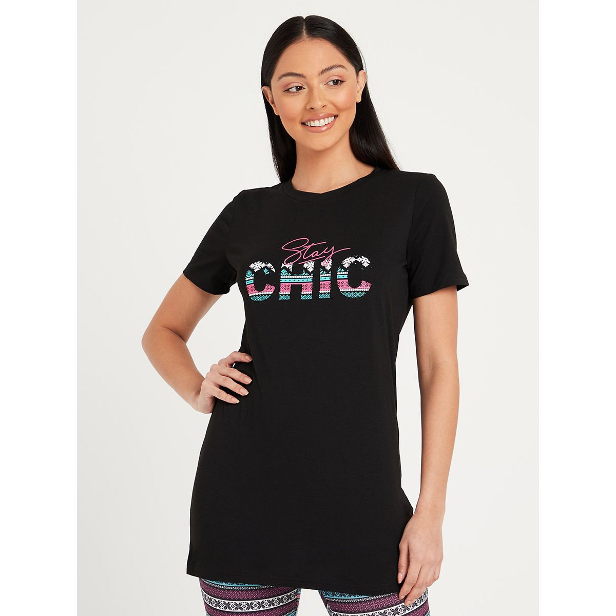Styli Chic Fairisle Print Longline T-shirt and Leggings Set-women-clothing-nightwear-pyjamas-longsets-image-2