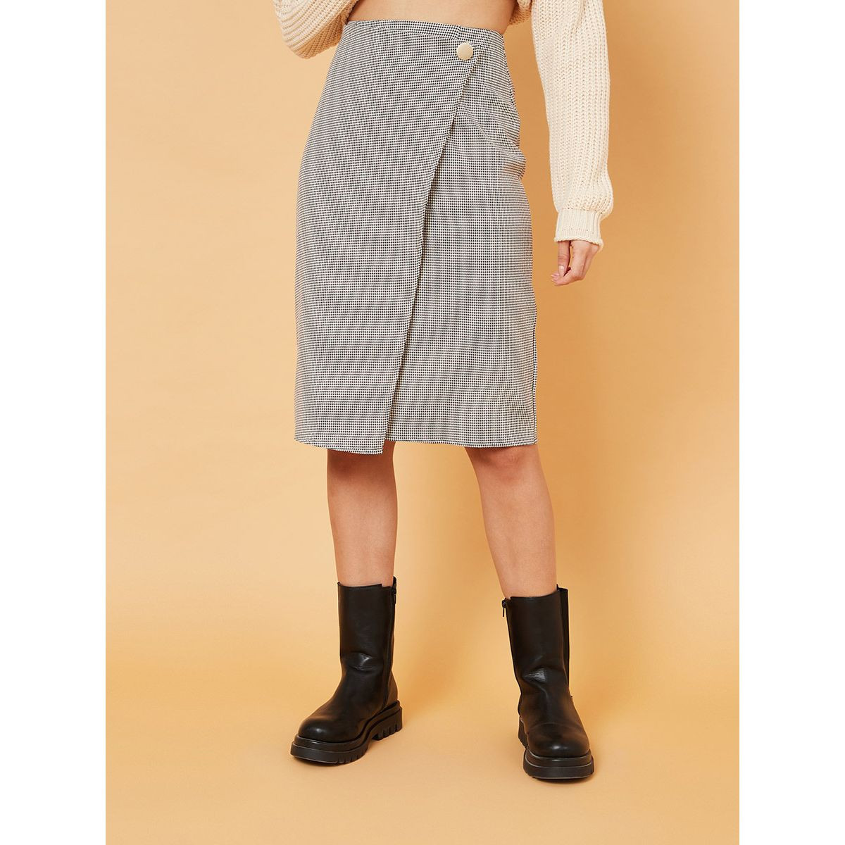 Styli Houndstooth Button Detail Asymmetric Knee Length Skirt-women-clothing-bottoms-skirts-image-1