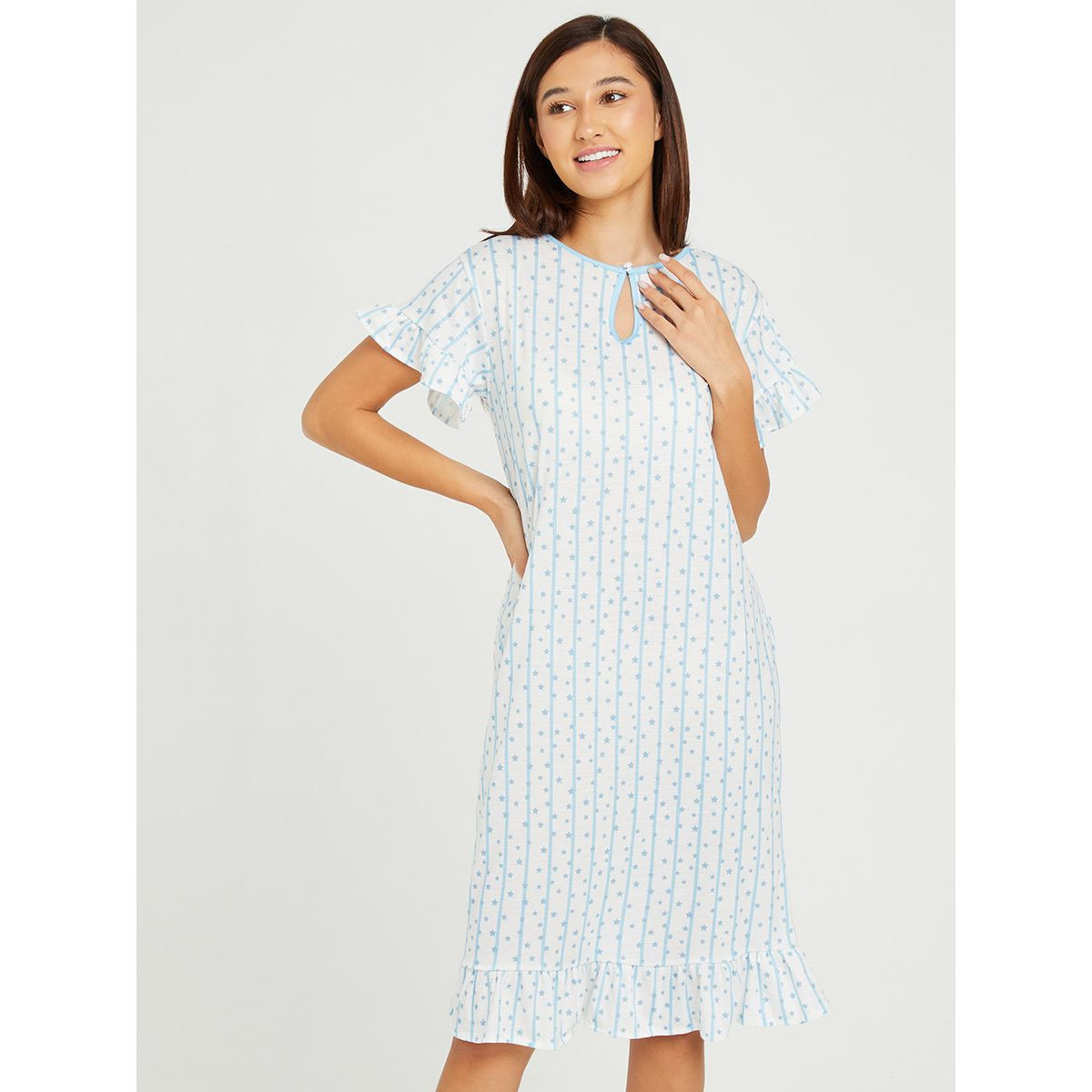 Styli Stripe and Star Print Ruffle Sleeve and Hem Midi Sleep T-shirt Dress-women-clothing-nightwear-nighties-image-2