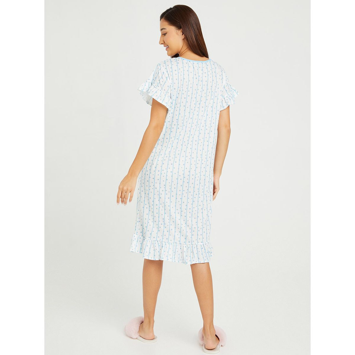 Styli Stripe and Star Print Ruffle Sleeve and Hem Midi Sleep T-shirt Dress-women-clothing-nightwear-nighties-image-4