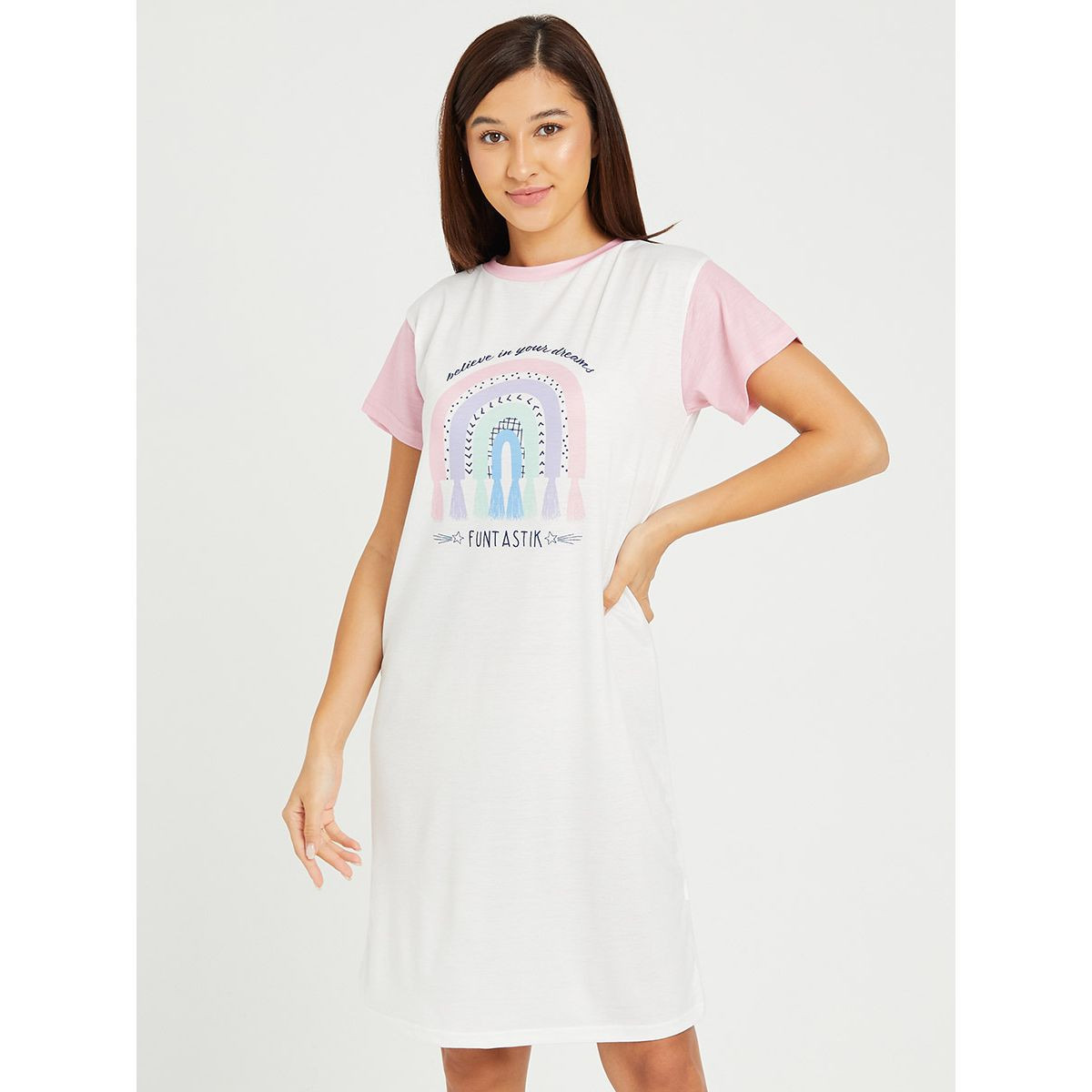 Styli Believe Graphic Print Short Sleeves Knee Length Sleep T-shirt Dress-women-clothing-nightwear-nighties-image-1