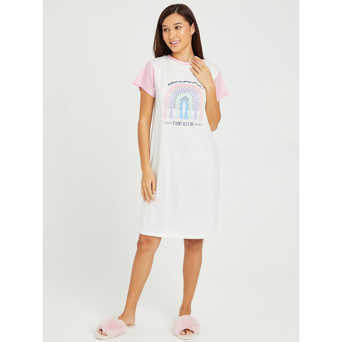 Styli Believe Graphic Print Short Sleeves Knee Length Sleep T-shirt Dress-women-clothing-nightwear-nighties-image-2