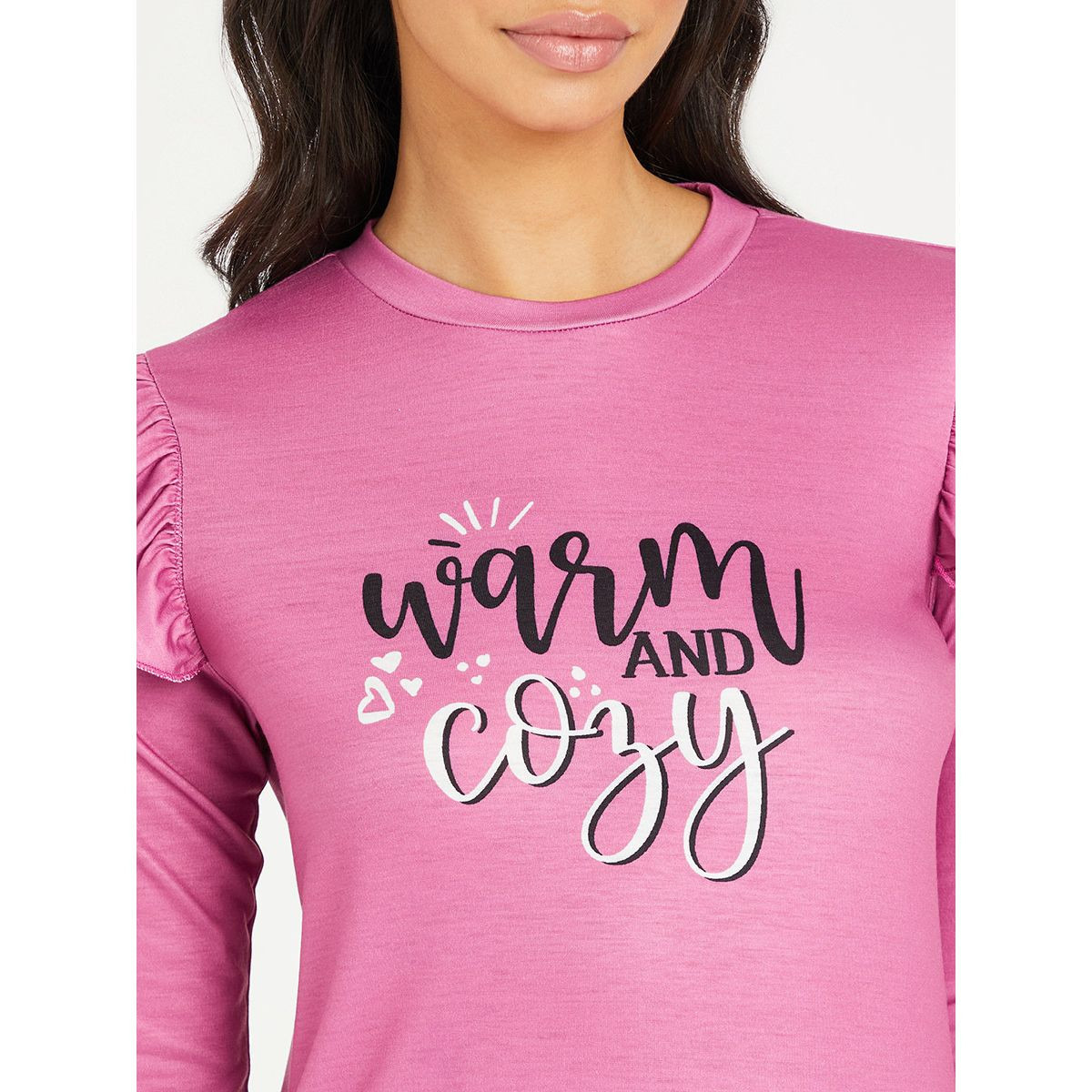 Styli Ruffle Shoulder Cozy Slogan Print Long Sleeves T-shirt and Fairisle Pyjama Set-women-clothing-nightwear-pyjamas-longsets-image-3