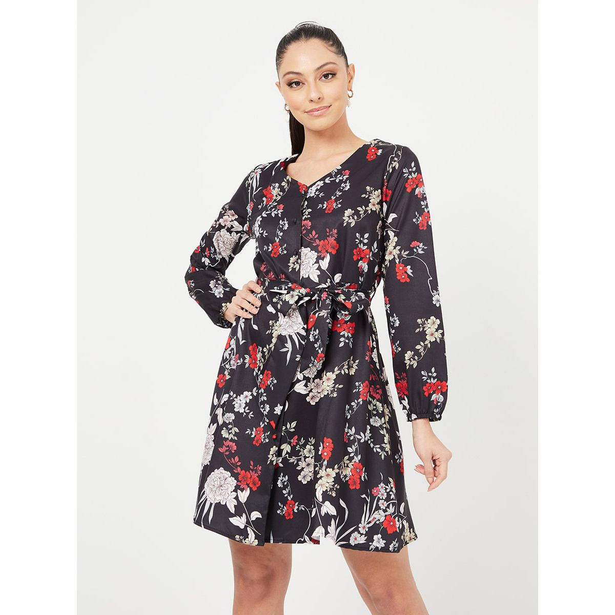 Styli Long Sleeves Floral Print A-Line Mini Dress with Tie Belt-women-clothing-dresses-image-1