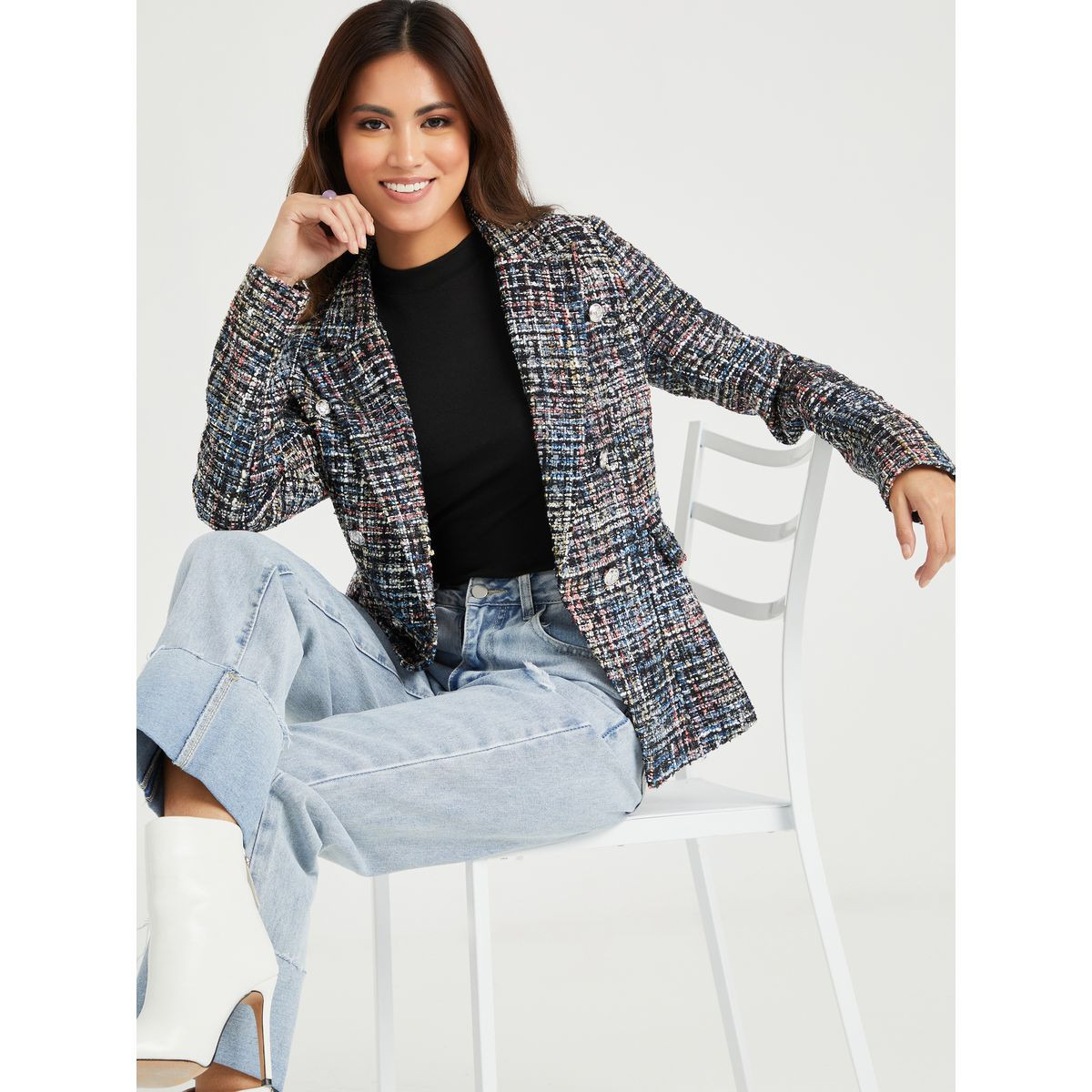 Styli Double Breasted Tweed Short Length Blazer-women-clothing-coatsandjackets-blazers-image-1