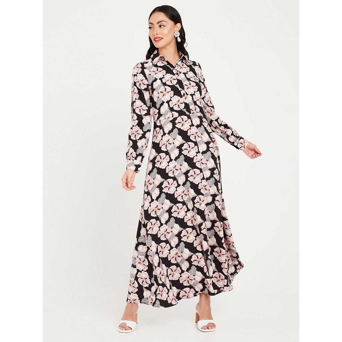 Styli Long Sleeves Floral Print A-Line Maxi Dress with Button Closure-women-clothing-dresses-image-1