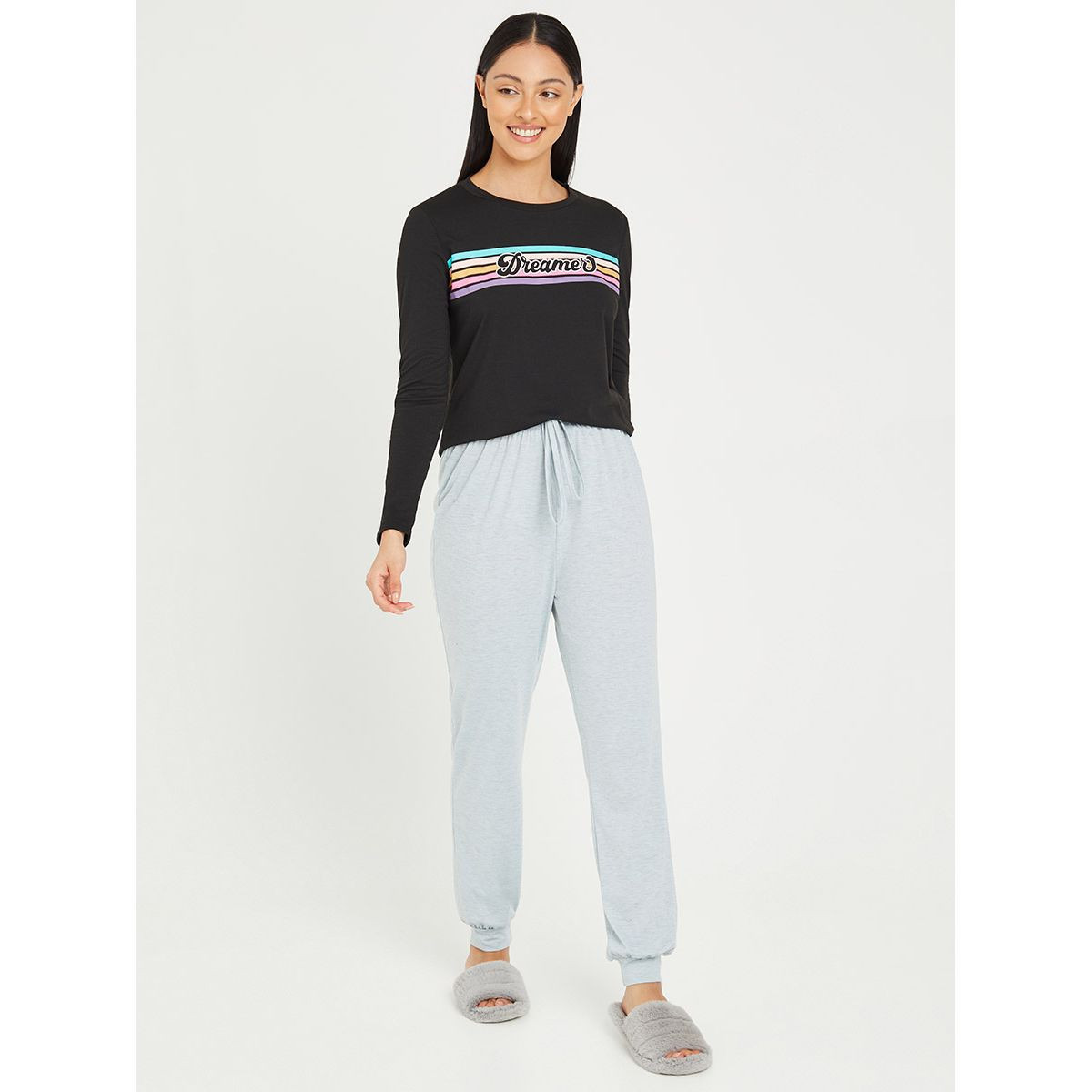 Styli Dreamer Stripe Long Sleeves T-shirt and Solid Cuffed Pyjama Set-women-clothing-nightwear-pyjamas-longsets-image-1