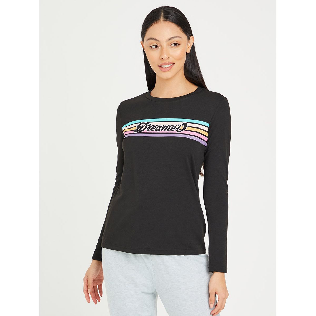 Styli Dreamer Stripe Long Sleeves T-shirt and Solid Cuffed Pyjama Set-women-clothing-nightwear-pyjamas-longsets-image-2