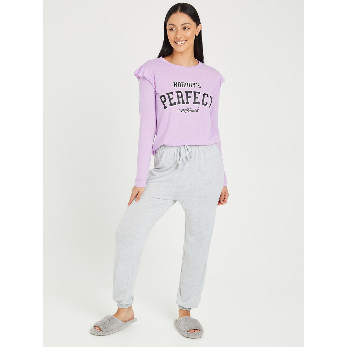 Styli Ruffle Shoulder Slogan Print Long Sleeves T-shirt and Cuff Pyjama Set-women-clothing-nightwear-pyjamas-longsets-image-1