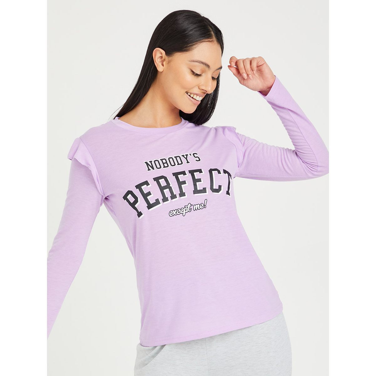 Styli Ruffle Shoulder Slogan Print Long Sleeves T-shirt and Cuff Pyjama Set-women-clothing-nightwear-pyjamas-longsets-image-2