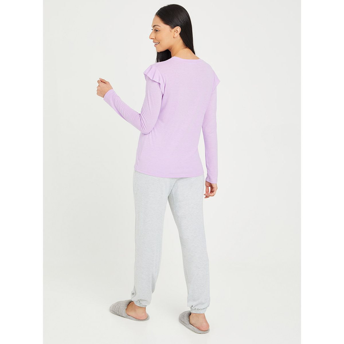 Styli Ruffle Shoulder Slogan Print Long Sleeves T-shirt and Cuff Pyjama Set-women-clothing-nightwear-pyjamas-longsets-image-5