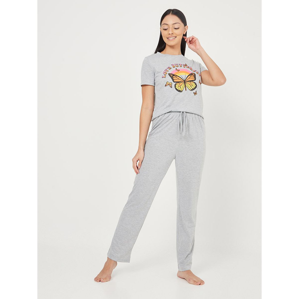 Styli Butterfly Graphic Print T-shirt and Solid Pyjama Set-women-clothing-nightwear-pyjamas-longsets-image-1