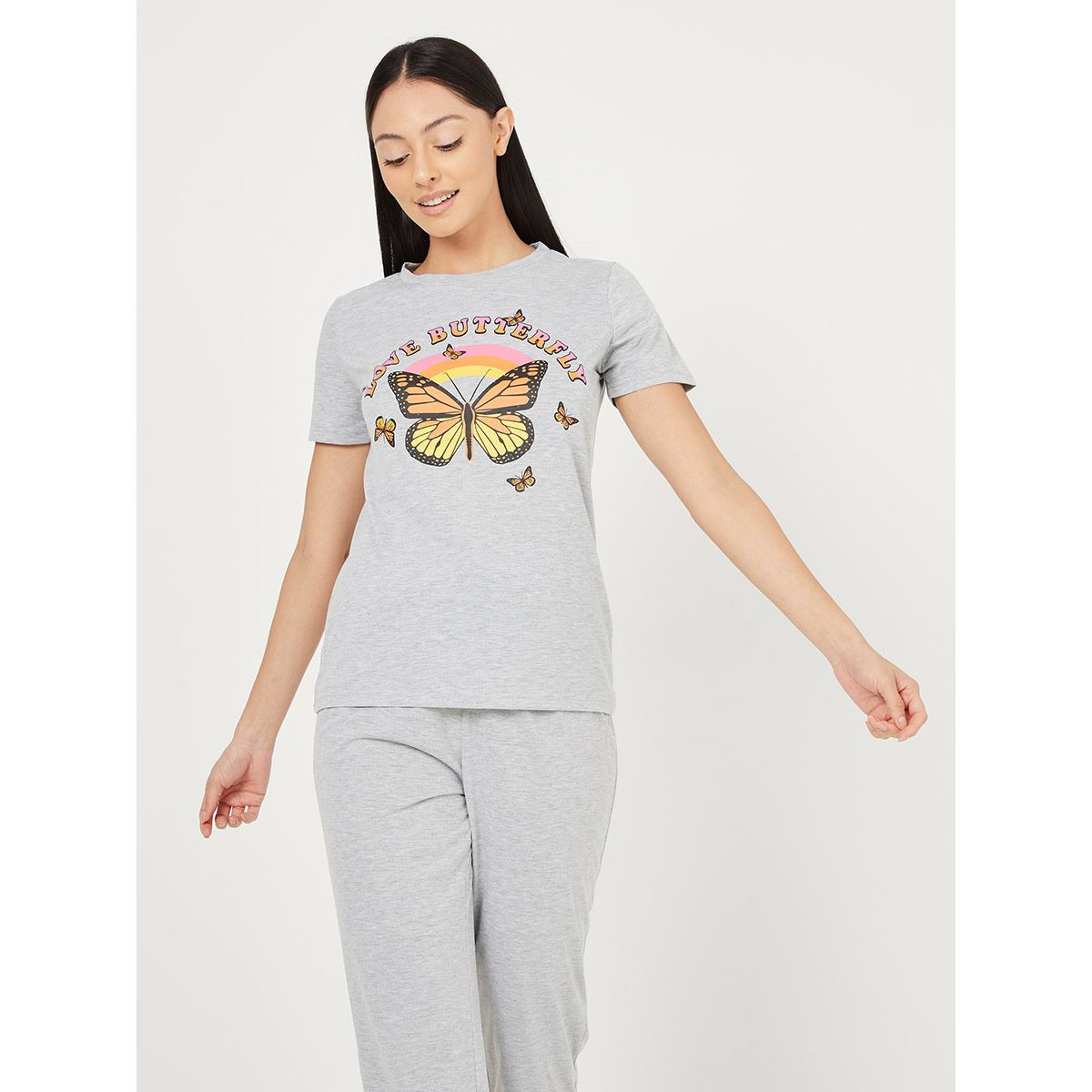 Styli Butterfly Graphic Print T-shirt and Solid Pyjama Set-women-clothing-nightwear-pyjamas-longsets-image-2