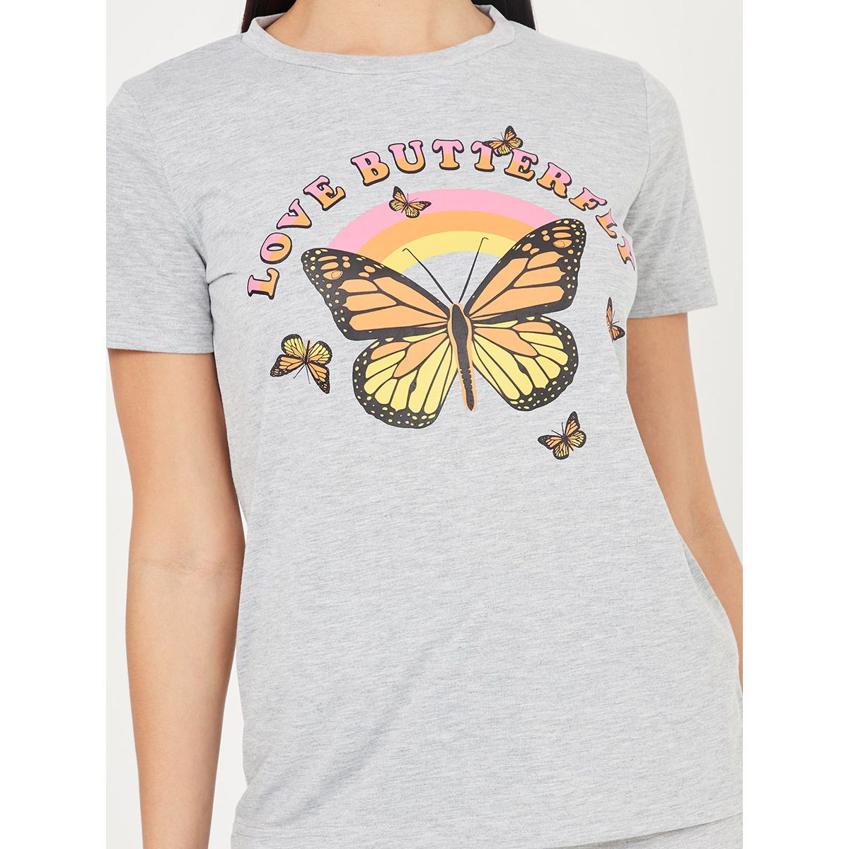 Styli Butterfly Graphic Print T-shirt and Solid Pyjama Set-women-clothing-nightwear-pyjamas-longsets-image-3