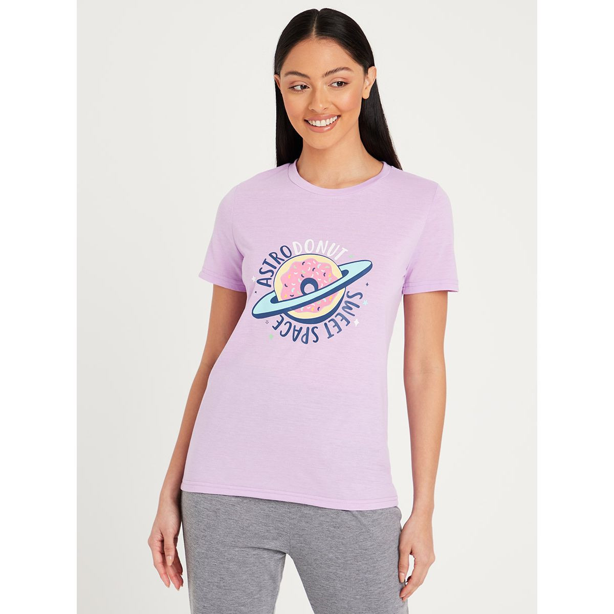 Styli Astradonut Graphic Print. T-shirt and Solid Pyjama Set-women-clothing-nightwear-pyjamas-longsets-image-2