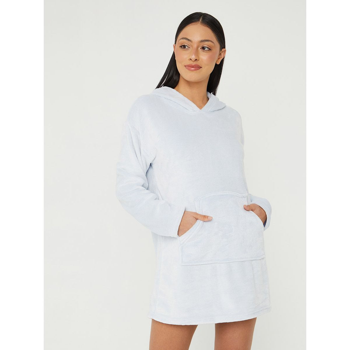 Styli Plain Fleece Hooded Nightdress with Kangaroo Pocket-women-clothing-nightwear-nighties-image-1