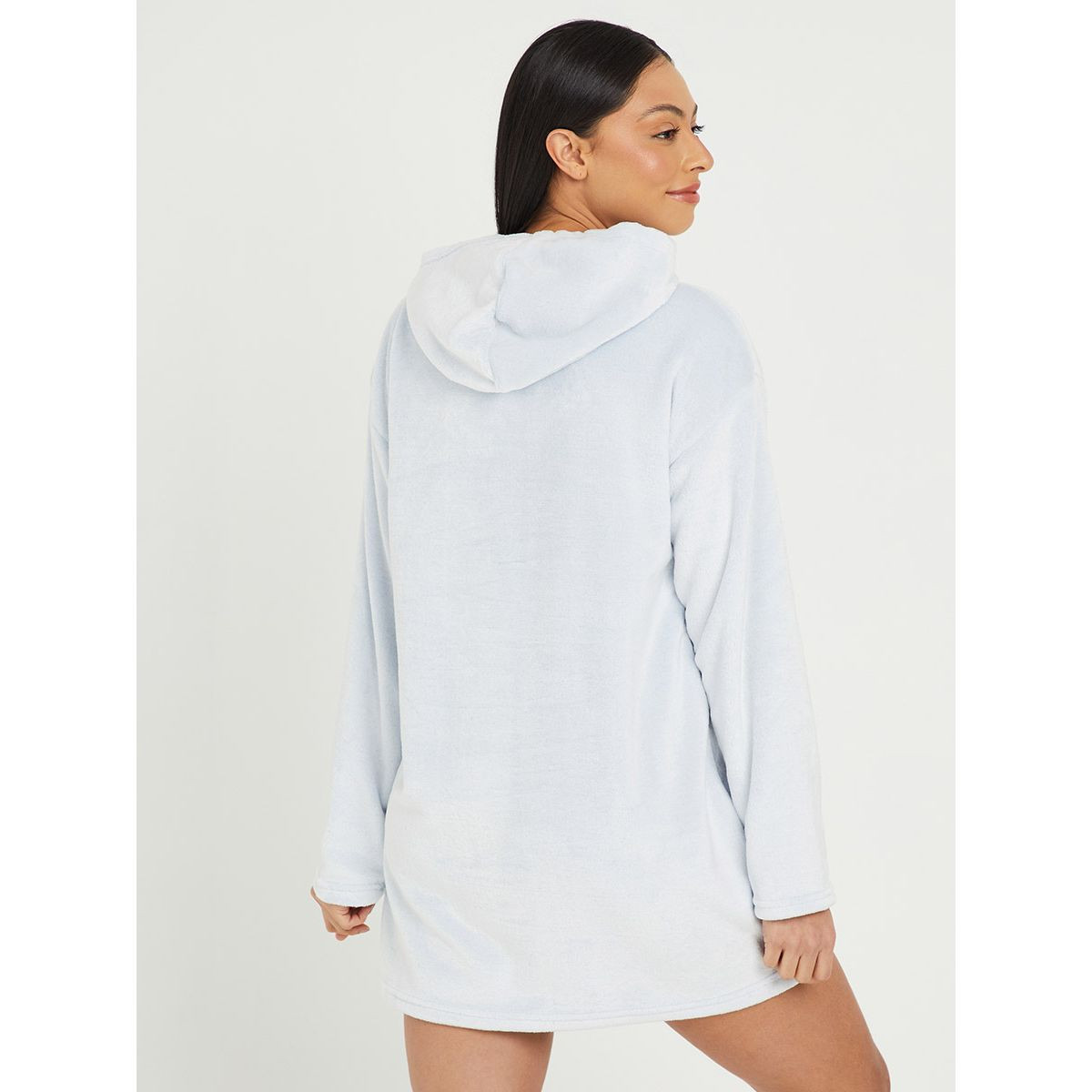 Styli Plain Fleece Hooded Nightdress with Kangaroo Pocket-women-clothing-nightwear-nighties-image-3