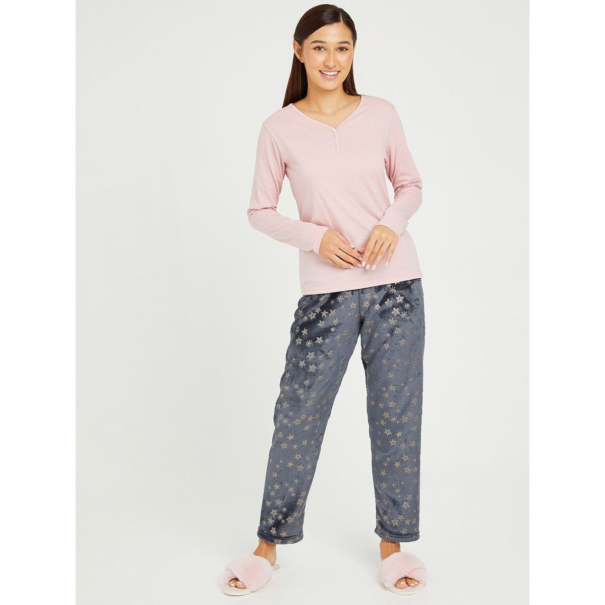 Styli Jersey Henley Neck T-shirt and Silver Star Fleece Print Pyjama Set-women-clothing-nightwear-pyjamas-longsets-image-1