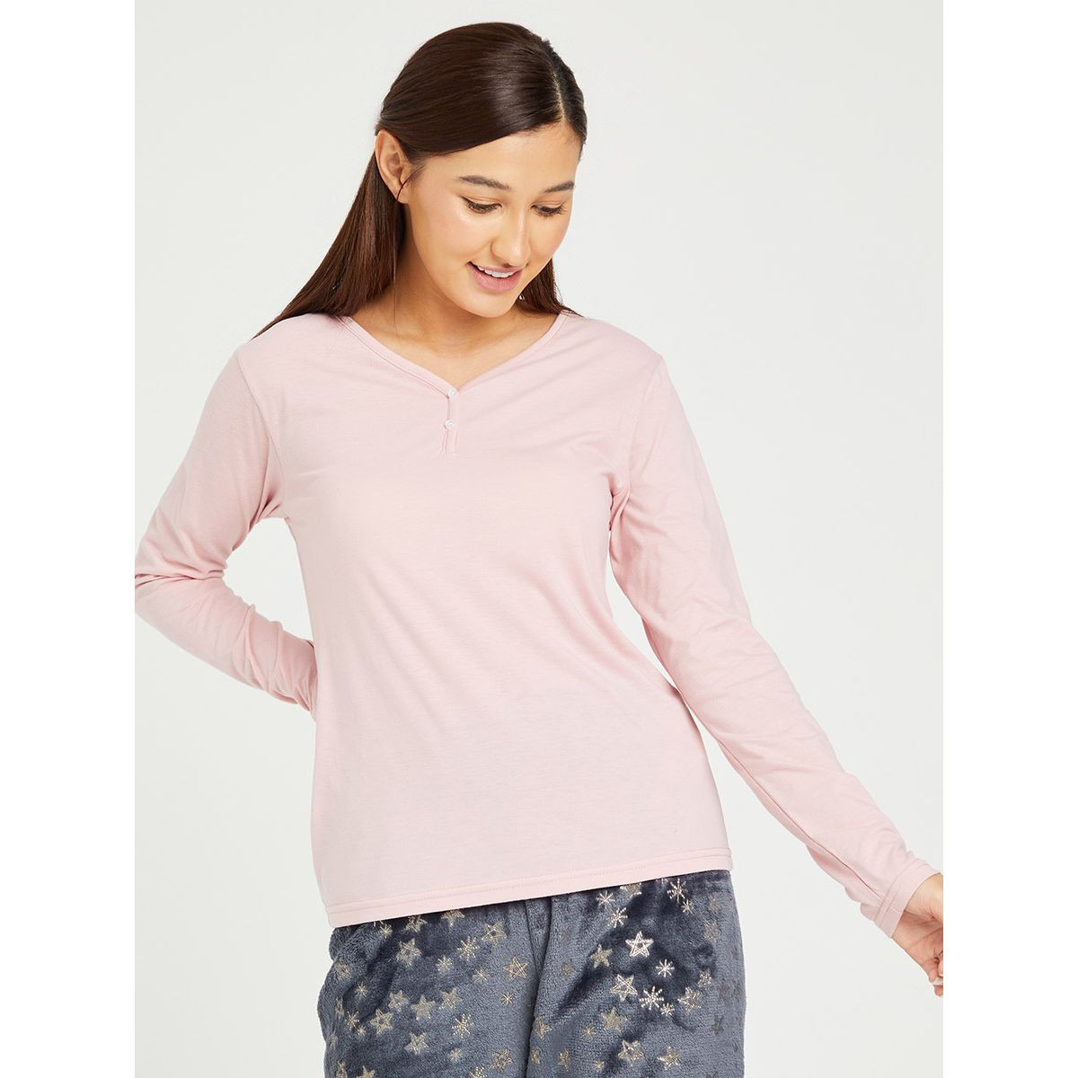 Styli Jersey Henley Neck T-shirt and Silver Star Fleece Print Pyjama Set-women-clothing-nightwear-pyjamas-longsets-image-2