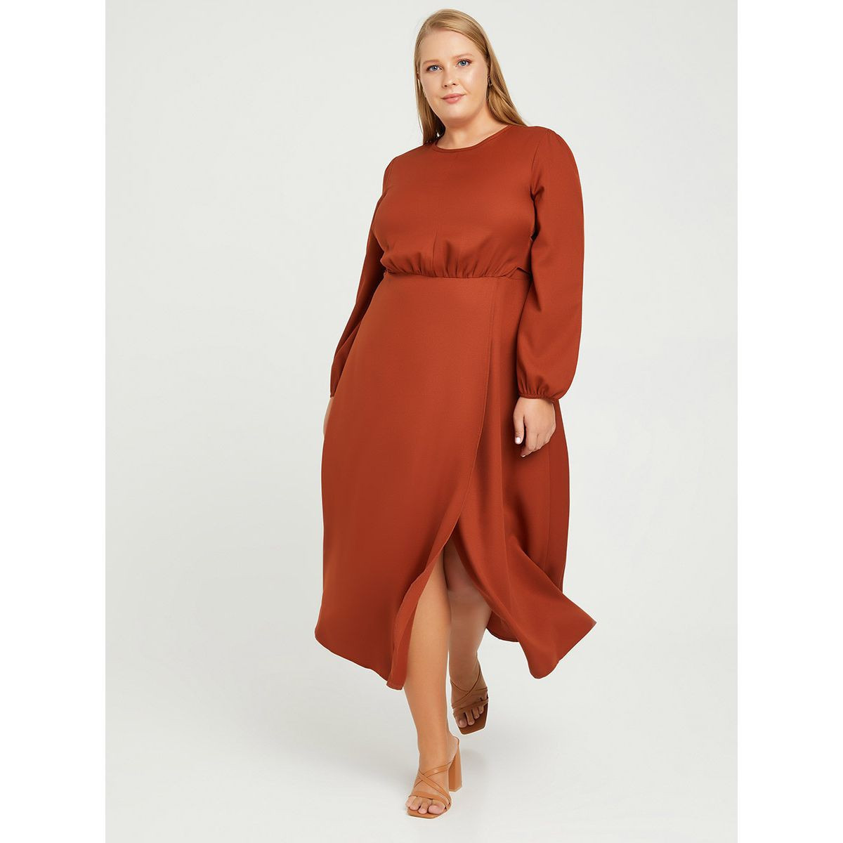 Styli Plus Long Sleeves Tie Waist Detail A-Line Midi Dress-women-clothing-dresses-image-1