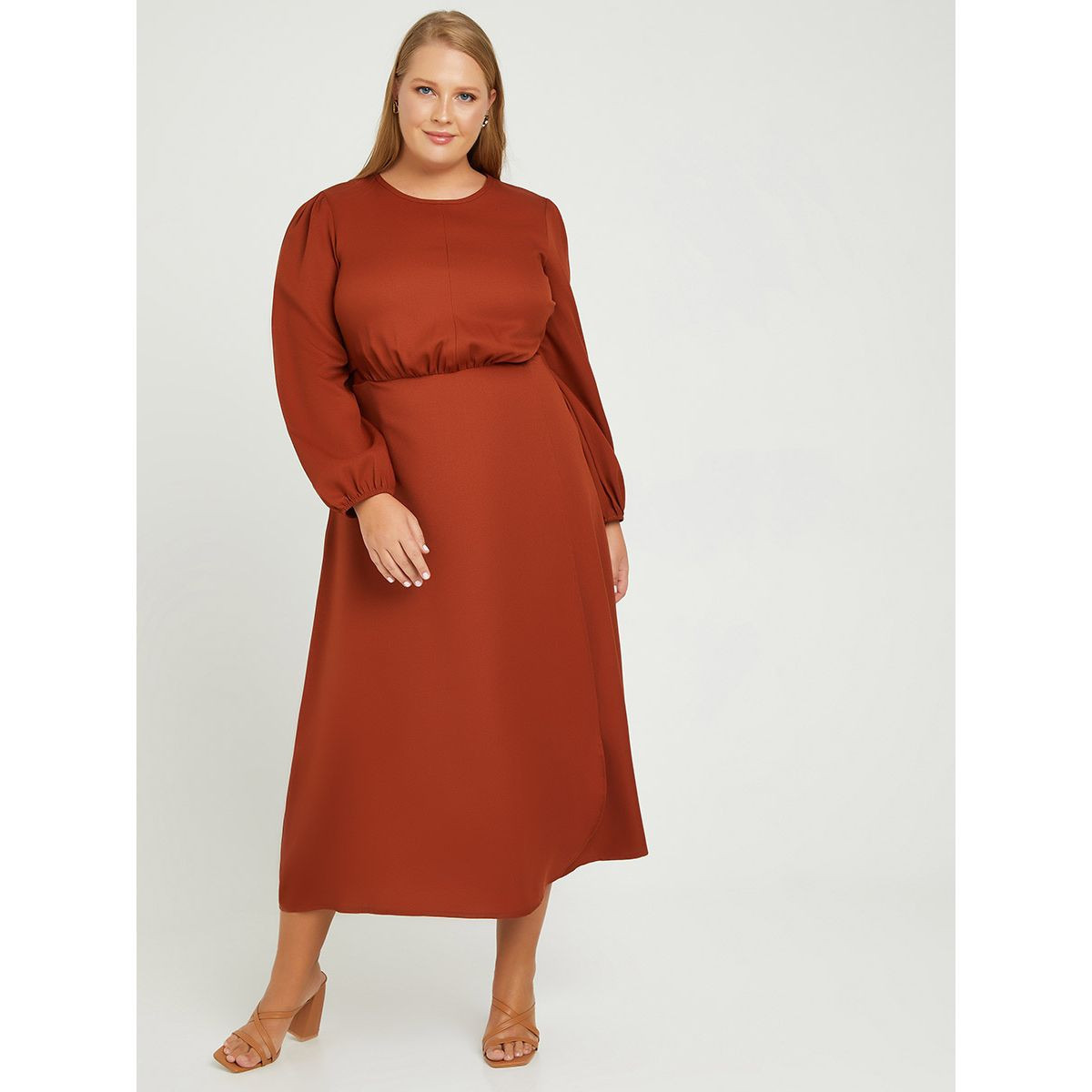 Styli Plus Long Sleeves Tie Waist Detail A-Line Midi Dress-women-clothing-dresses-image-2