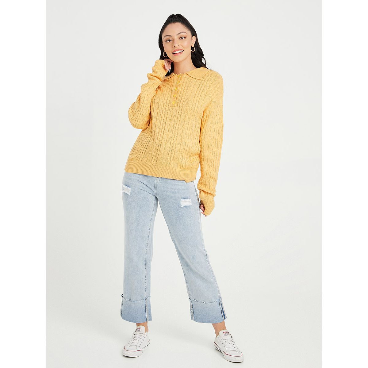 Styli High Waist Wide Leg Roll Hem Jeans with Distress Detail-women-clothing-bottoms-jeans-image-2