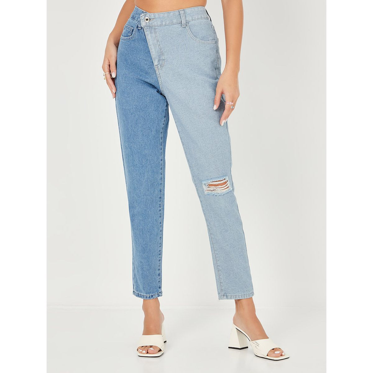Styli Light Distress  Colorblock Slim Fit Jeans with Asymmetric Waist-women-clothing-bottoms-jeans-image-1